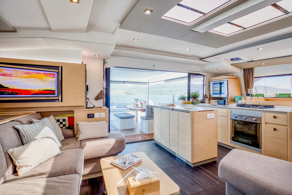 Salon of Dione II, a Fountaine Pajot Aura 51 catamaran at Municipal Unit of Lefkada, Greece