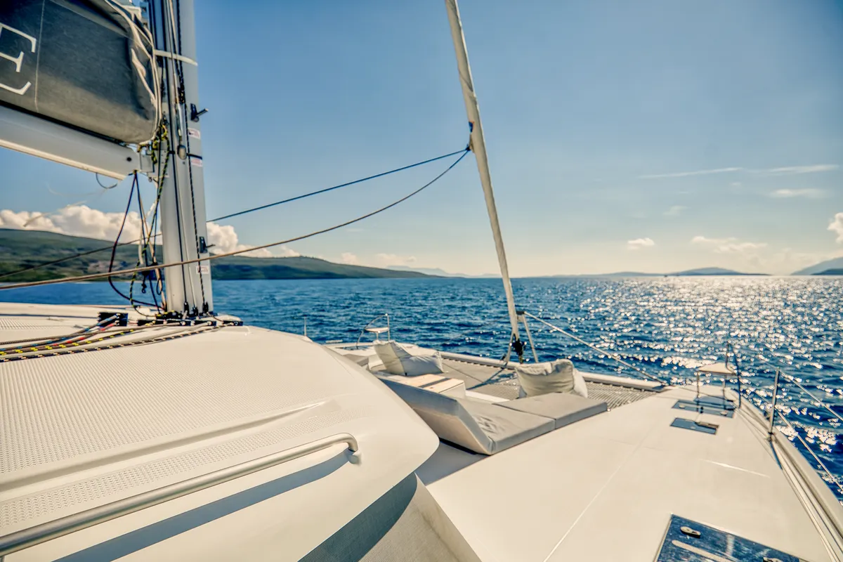 Deck of Dione II, a Fountaine Pajot Aura 51 catamaran at Municipal Unit of Lefkada, Greece