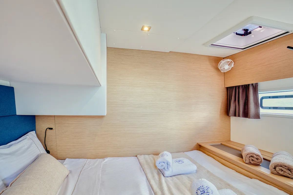 Cabin on Dione II, a Fountaine Pajot Aura 51 catamaran at Municipal Unit of Lefkada, Greece