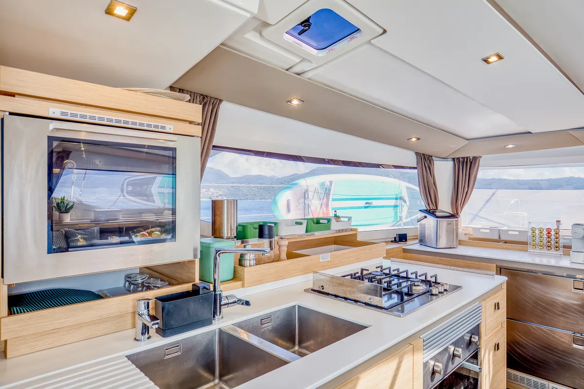 Galley of Dione II, a Fountaine Pajot Aura 51 catamaran at Municipal Unit of Lefkada, Greece