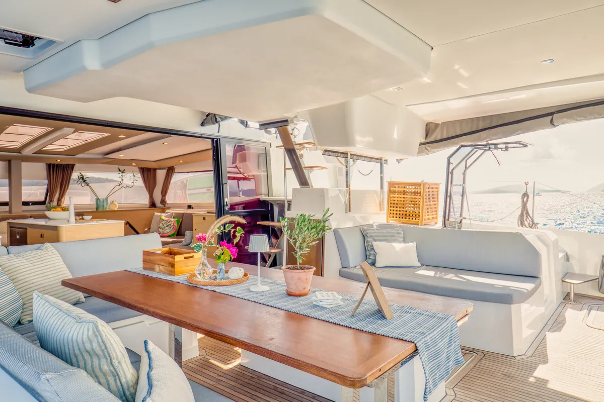 Deck of Dione II, a Fountaine Pajot Aura 51 catamaran at Municipal Unit of Lefkada, Greece