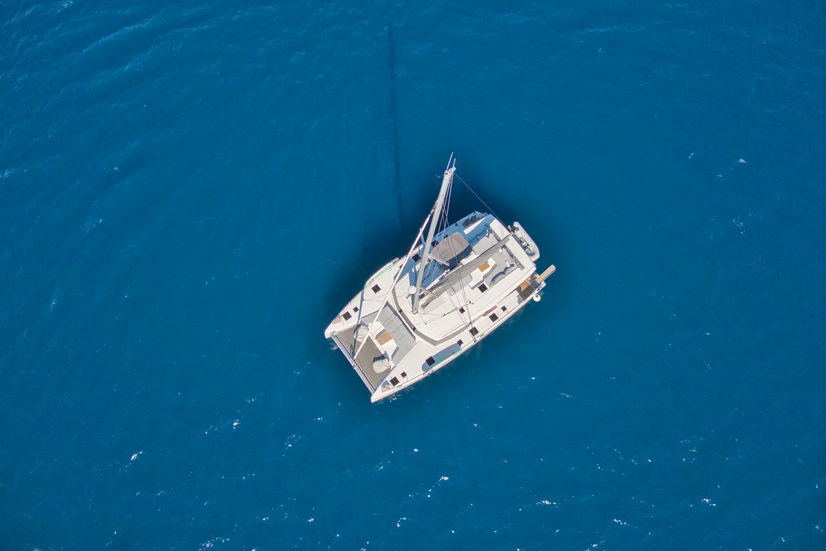 Exterior view of Dione II, a Fountaine Pajot Aura 51 catamaran at Municipal Unit of Lefkada, Greece