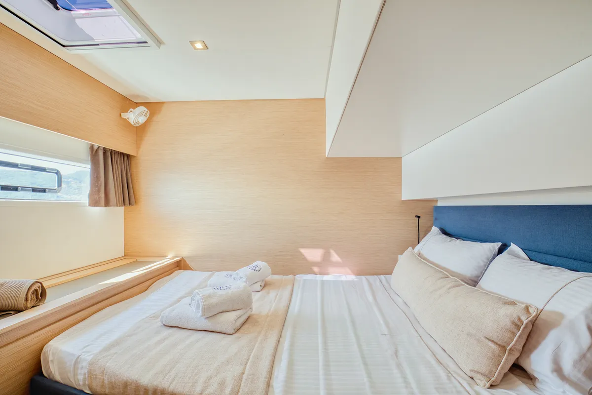 Cabin on Dione II, a Fountaine Pajot Aura 51 catamaran at Municipal Unit of Lefkada, Greece