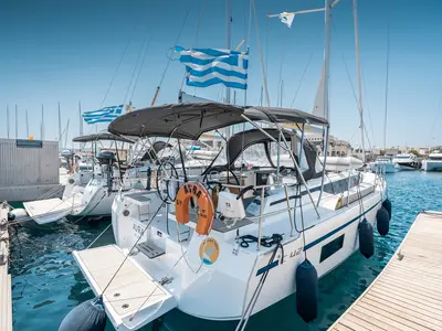 Cockpit of Avra, a Bavaria C42 sailboat at Municipal Unit of Rhodes, Greece