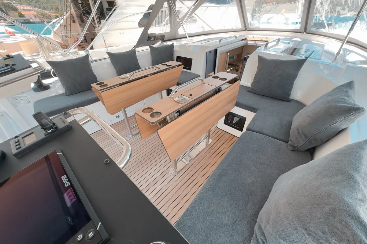 Deck of Kybele, a Bavaria C46 sailboat at Fethiye, Turkey