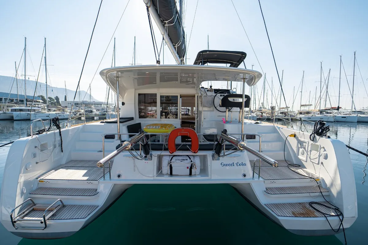 Exterior view of Sweet Lota, a Lagoon 40 catamaran at Grad Kaštela, Croatia