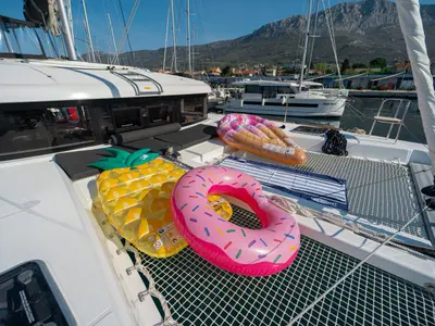 Deck of Sweet Lota, a Lagoon 40 catamaran at Grad Kaštela, Croatia