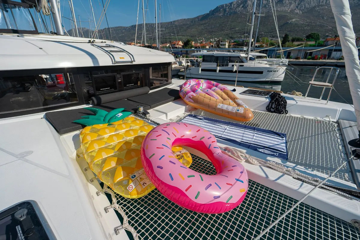 Deck of Sweet Lota, a Lagoon 40 catamaran at Grad Kaštela, Croatia