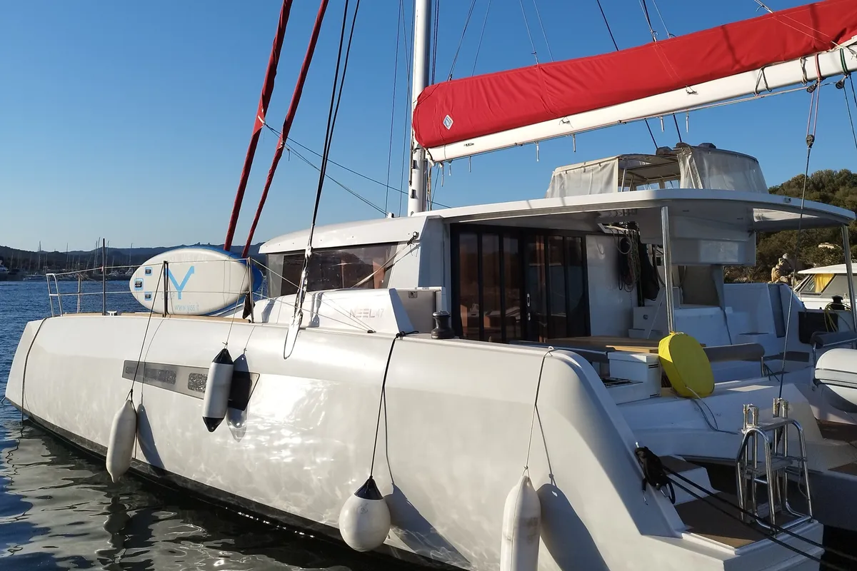 Exterior view of Matana, a NEEL 47 sailboat at Olbia, Italy