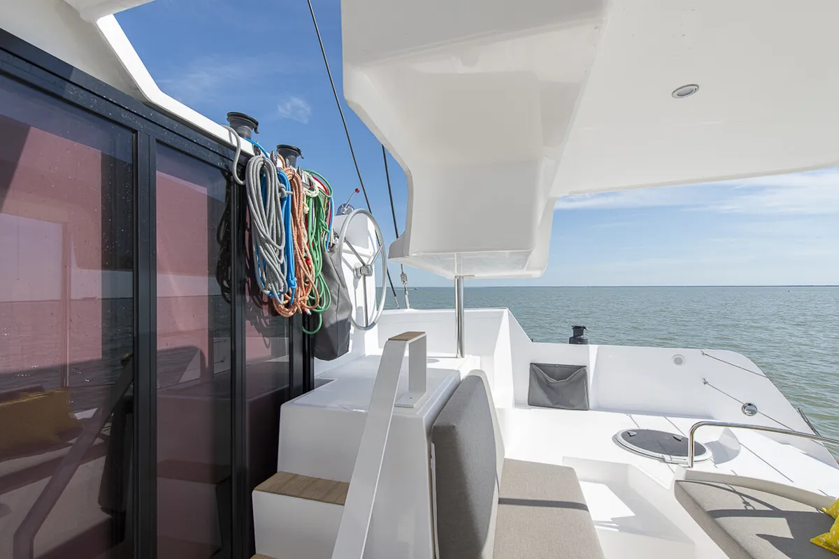 Deck of Matana, a NEEL 47 sailboat at Olbia, Italy