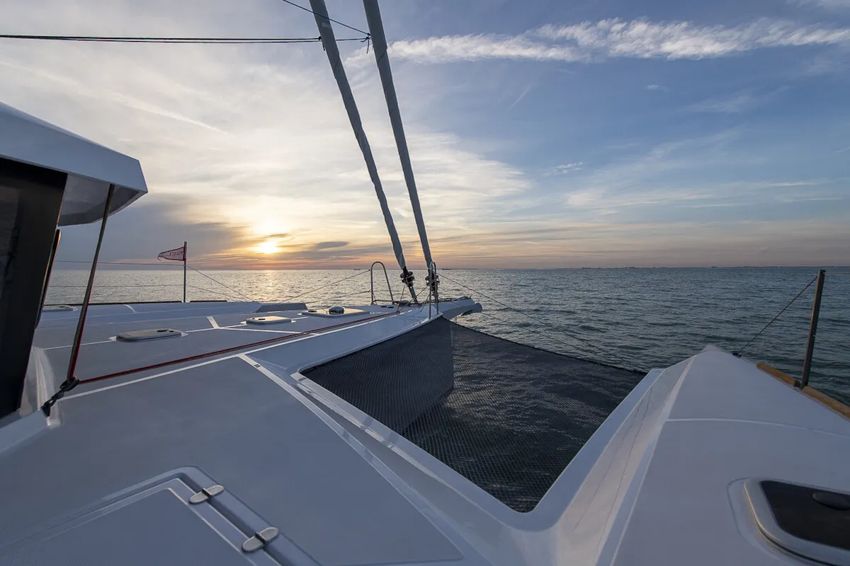 Deck of Matana, a NEEL 47 sailboat at Olbia, Italy
