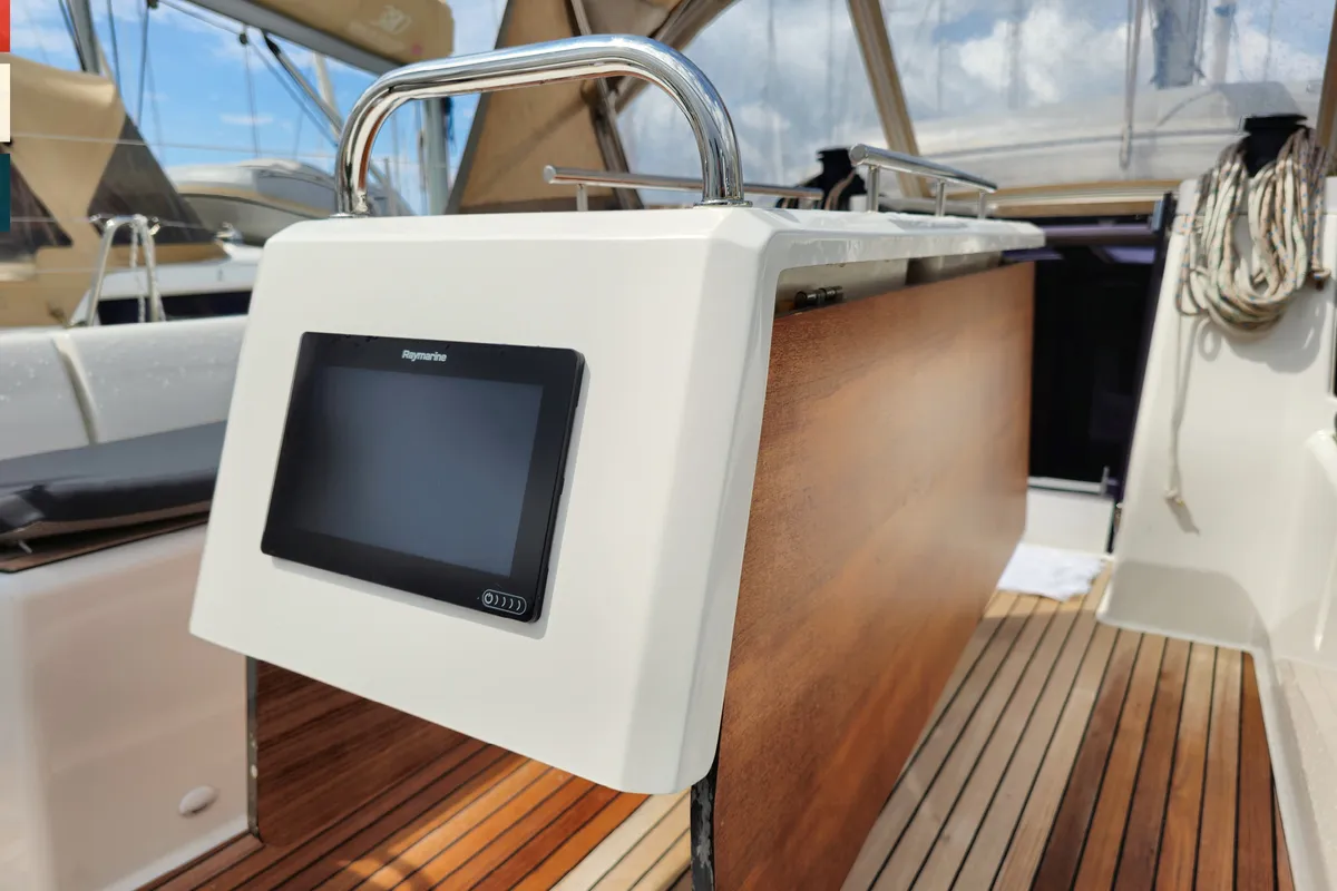 Cockpit of Klara, a Dufour 390 GL sailboat at Grad Kaštela, Croatia