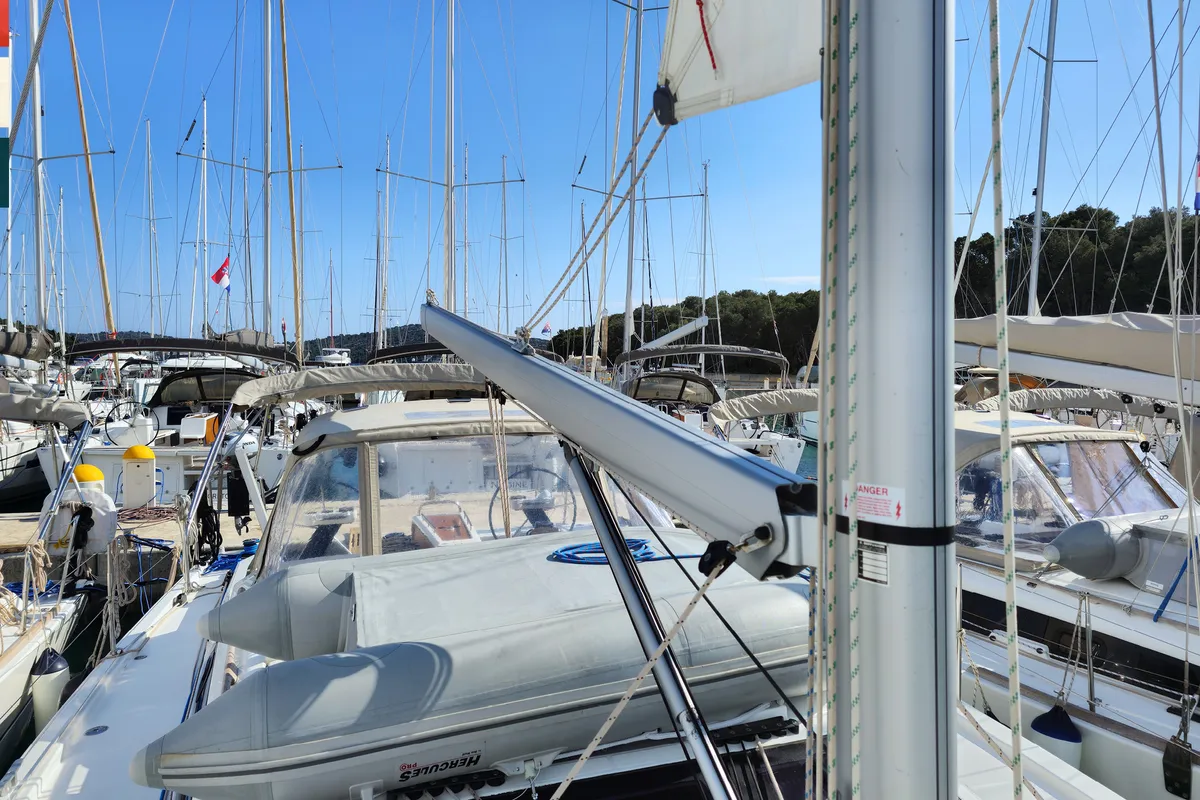 Deck of Klara, a Dufour 390 GL sailboat at Grad Kaštela, Croatia