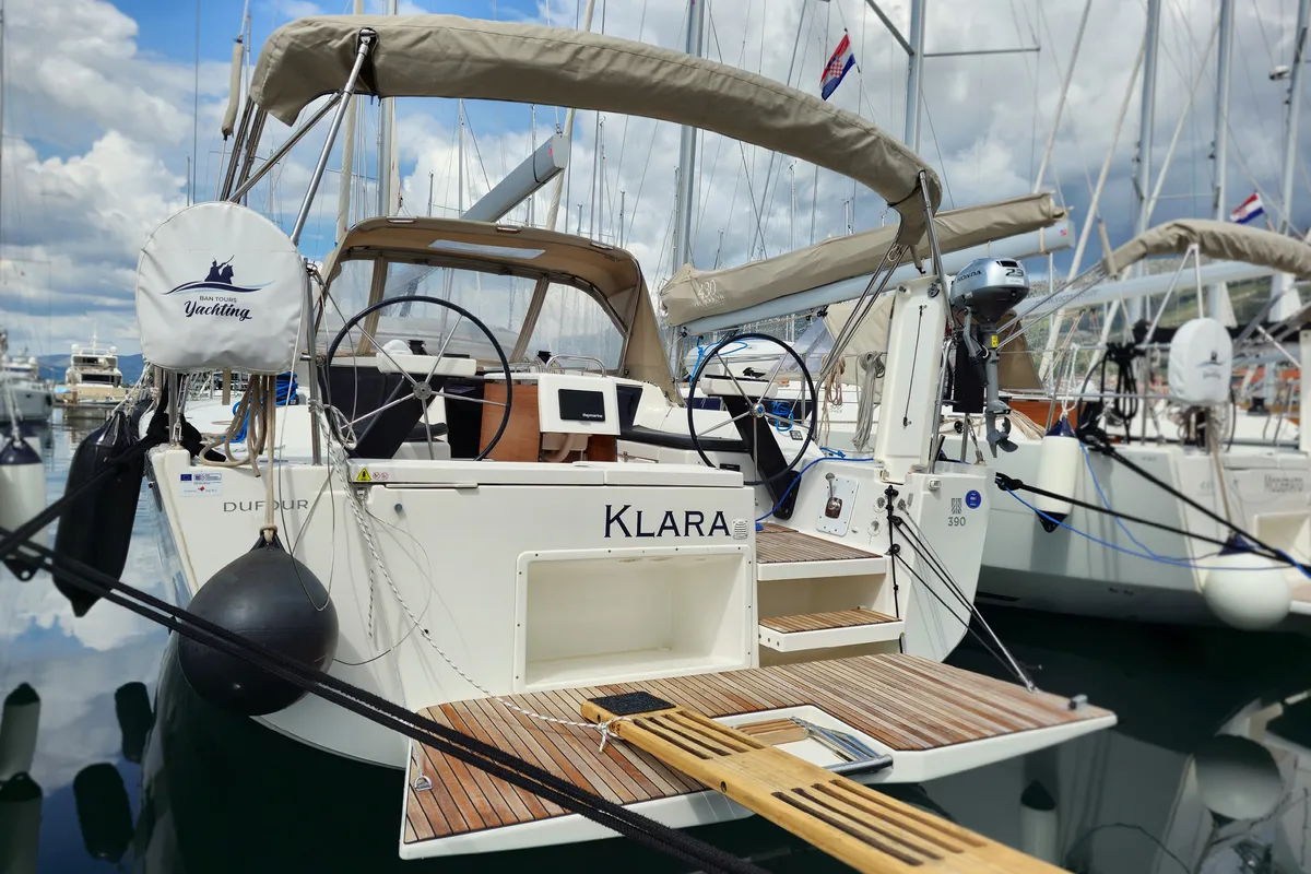 Exterior view of Klara, a Dufour 390 GL sailboat at Grad Kaštela, Croatia