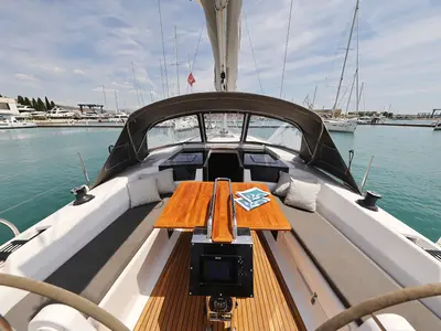 Deck of Teri, a Hanse 418 sailboat at Seget Donji, Croatia