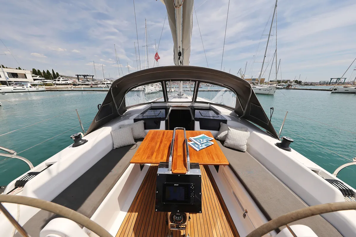 Deck of Teri, a Hanse 418 sailboat at Seget Donji, Croatia