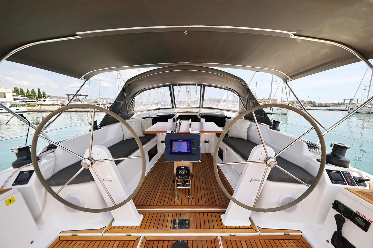 Cockpit of Teri, a Hanse 418 sailboat at Seget Donji, Croatia