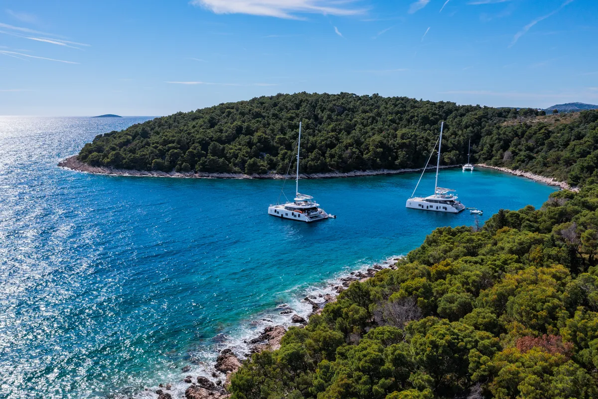 Exterior view of Mr.Si, a Sunreef 60 catamaran at Rogoznica, Croatia