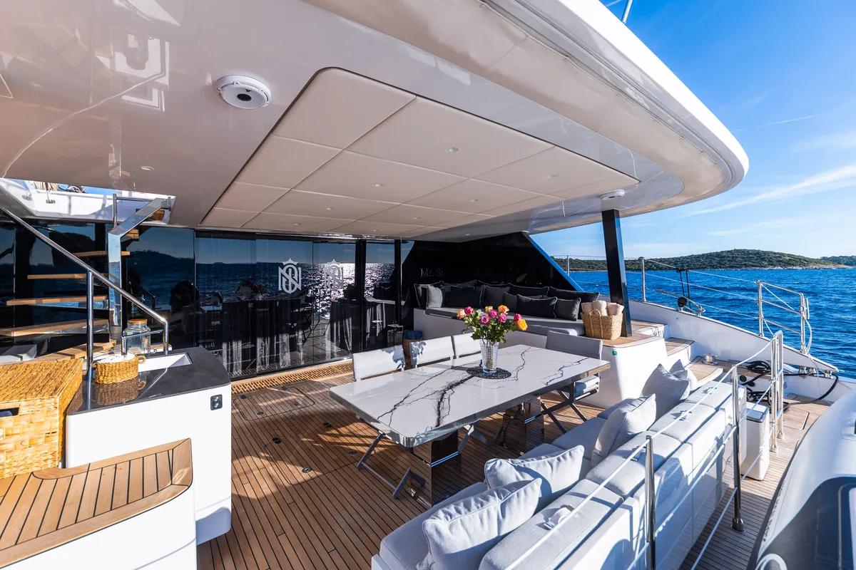 Deck of Mr.Si, a Sunreef 60 catamaran at Rogoznica, Croatia