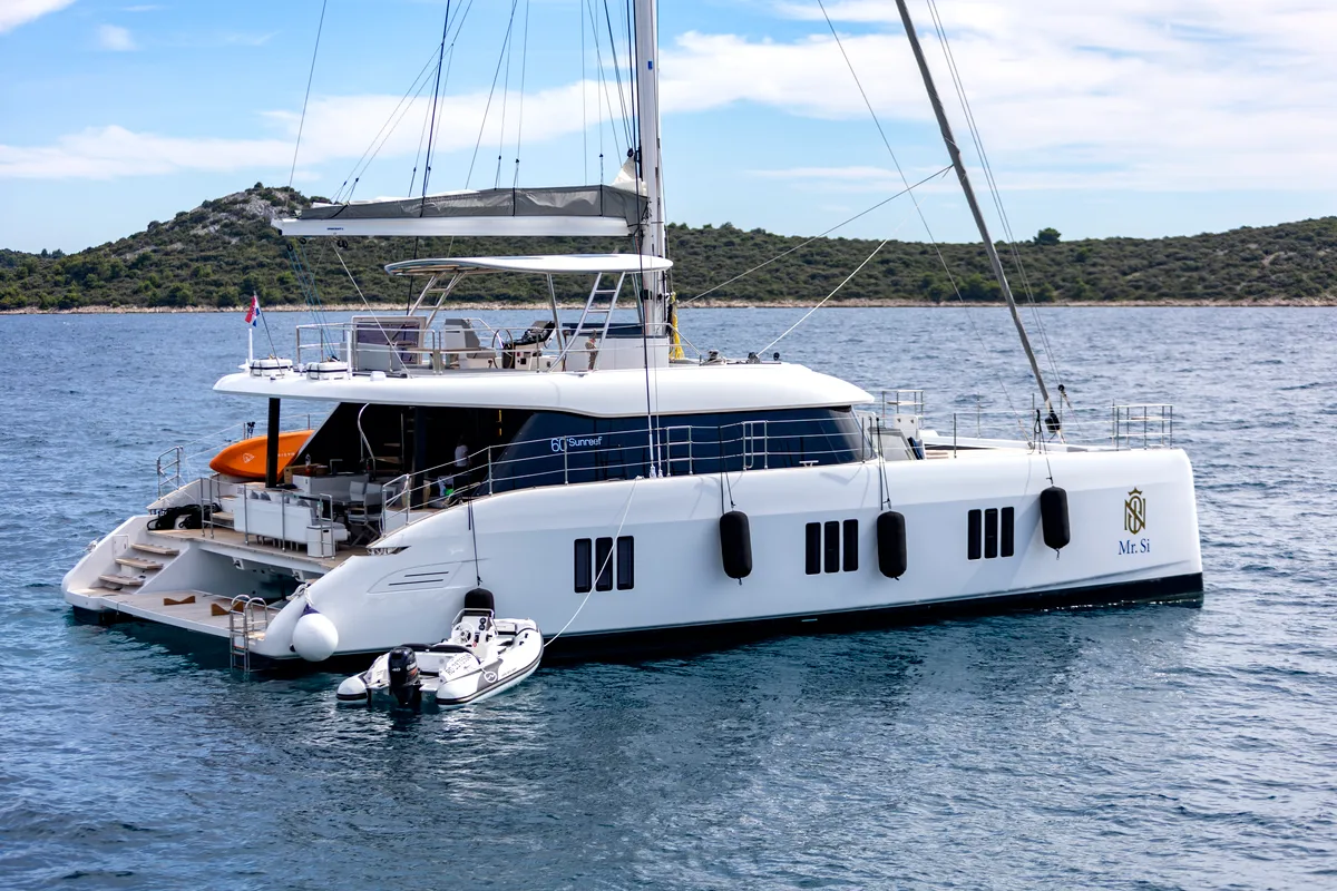 Exterior view of Mr.Si, a Sunreef 60 catamaran at Rogoznica, Croatia