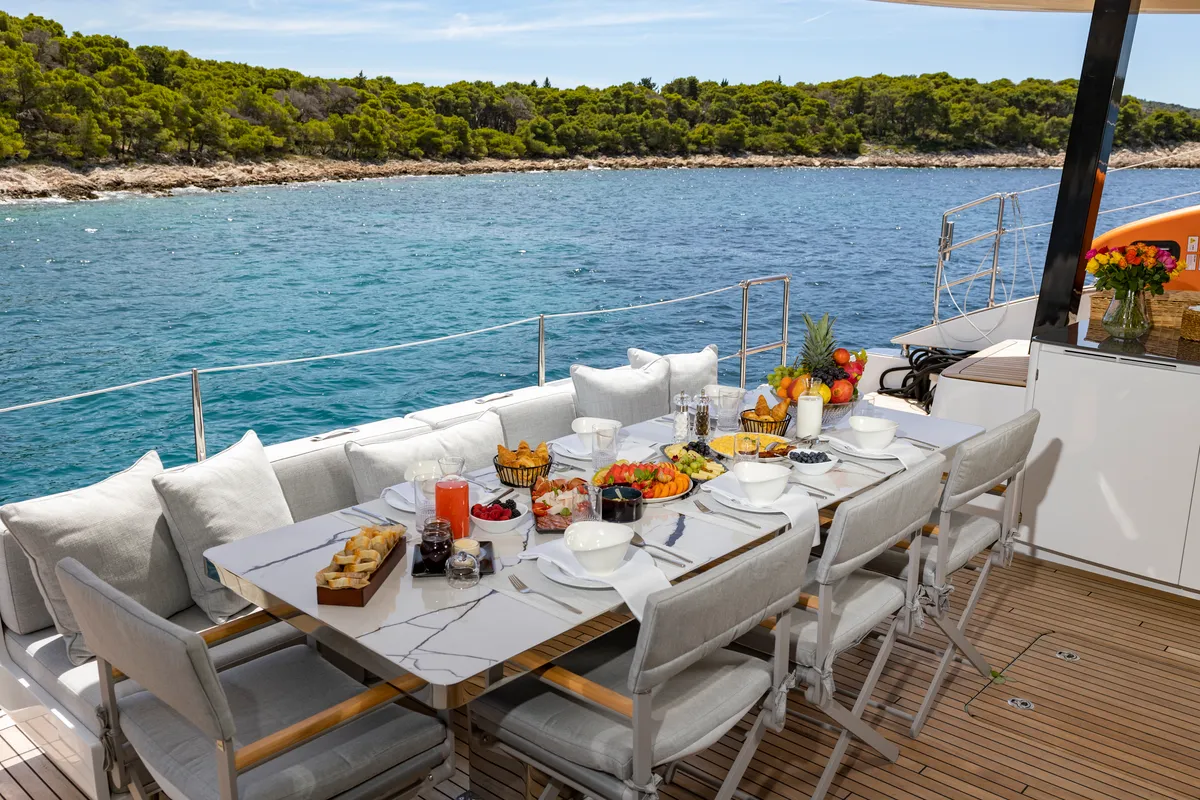 Deck of Mr.Si, a Sunreef 60 catamaran at Rogoznica, Croatia