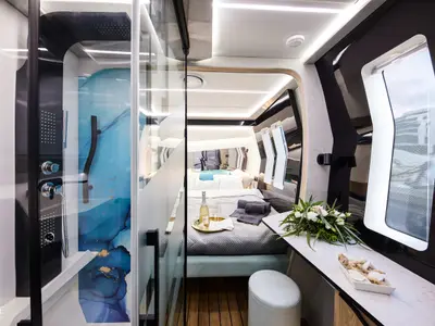 Cabin on Wave 50, a catamaran at Olbia, Italy