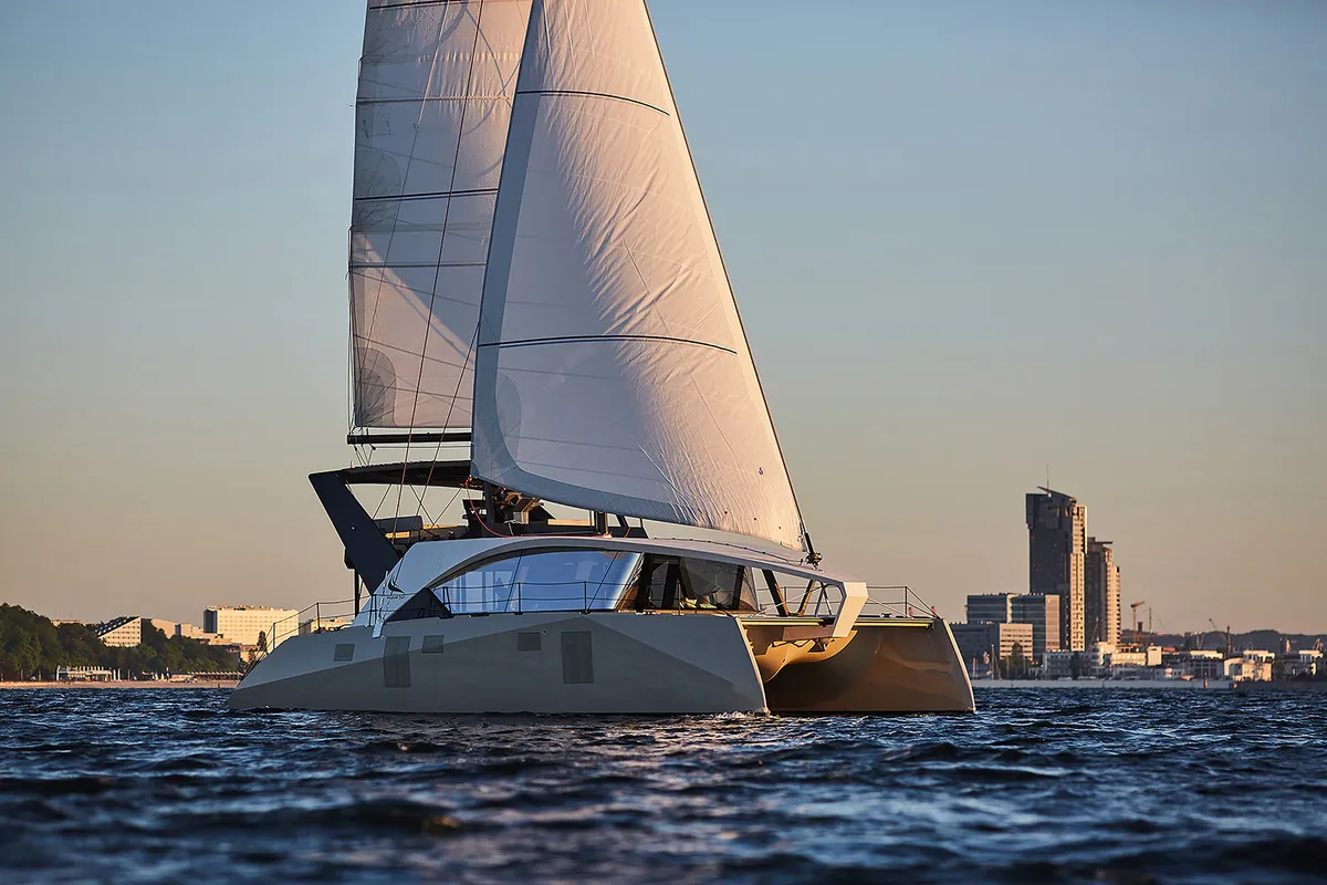 Exterior view of Wave 50, a catamaran at Olbia, Italy