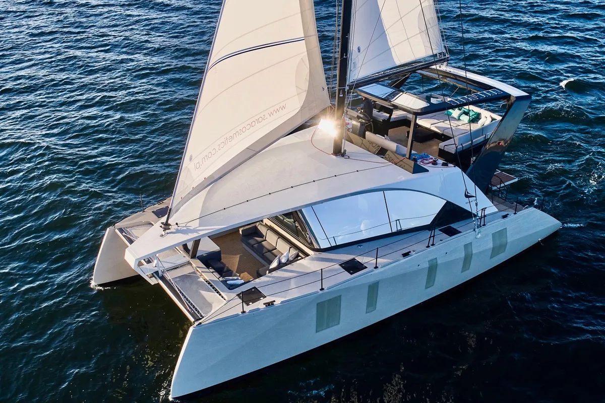 Exterior view of Wave 50, a catamaran at Olbia, Italy