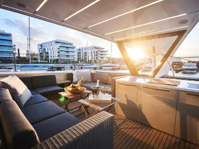 Deck of Wave 50, a catamaran at Olbia, Italy
