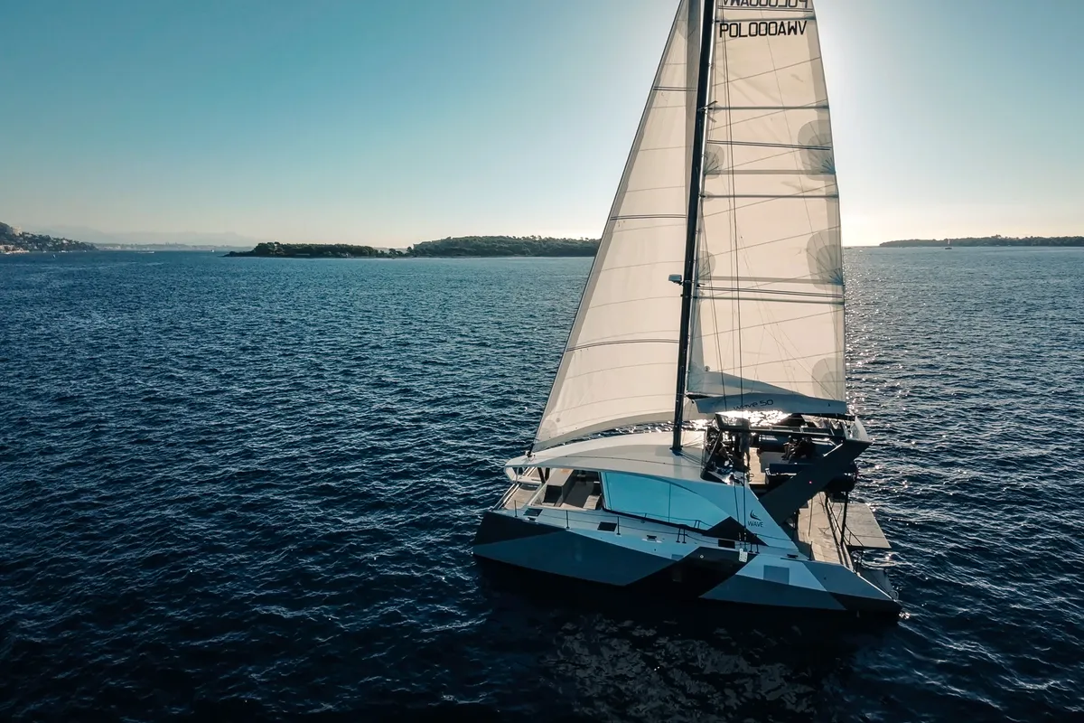 Exterior view of Wave 50, a catamaran at Olbia, Italy