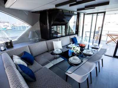 Salon of Wave 50, a catamaran at Olbia, Italy
