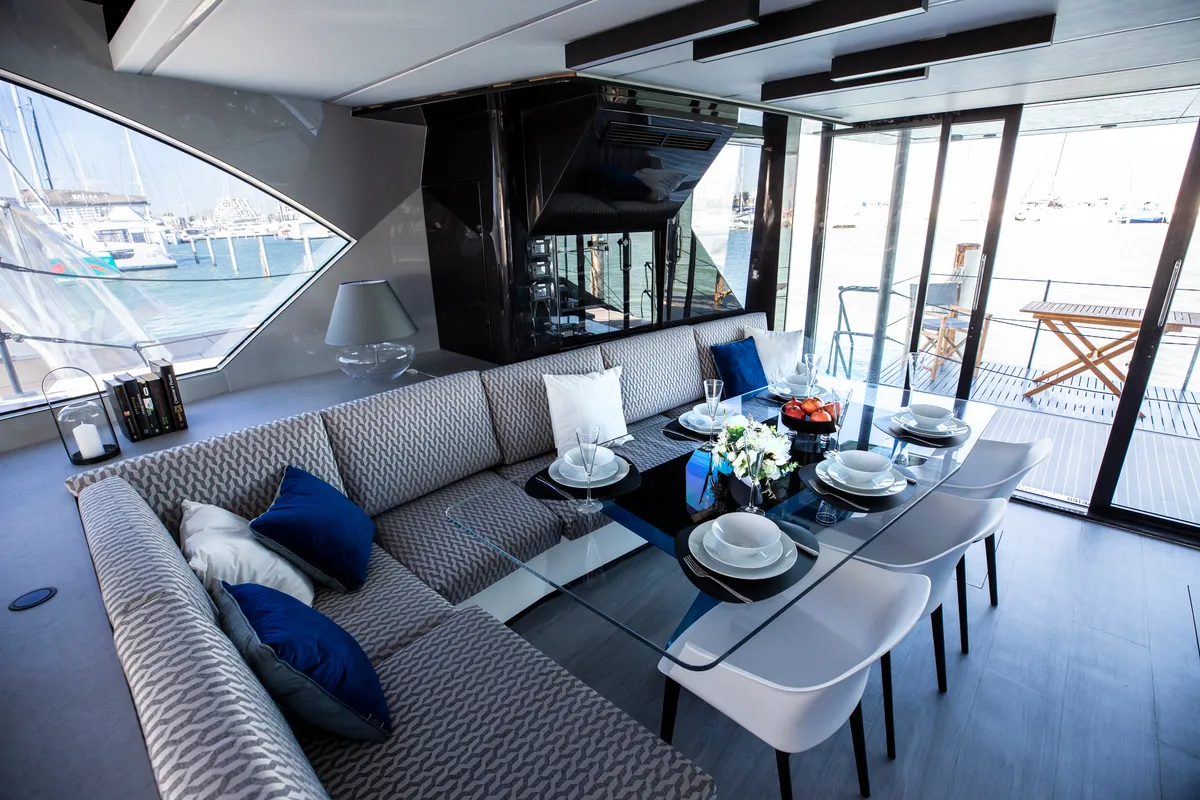 Salon of Wave 50, a catamaran at Olbia, Italy