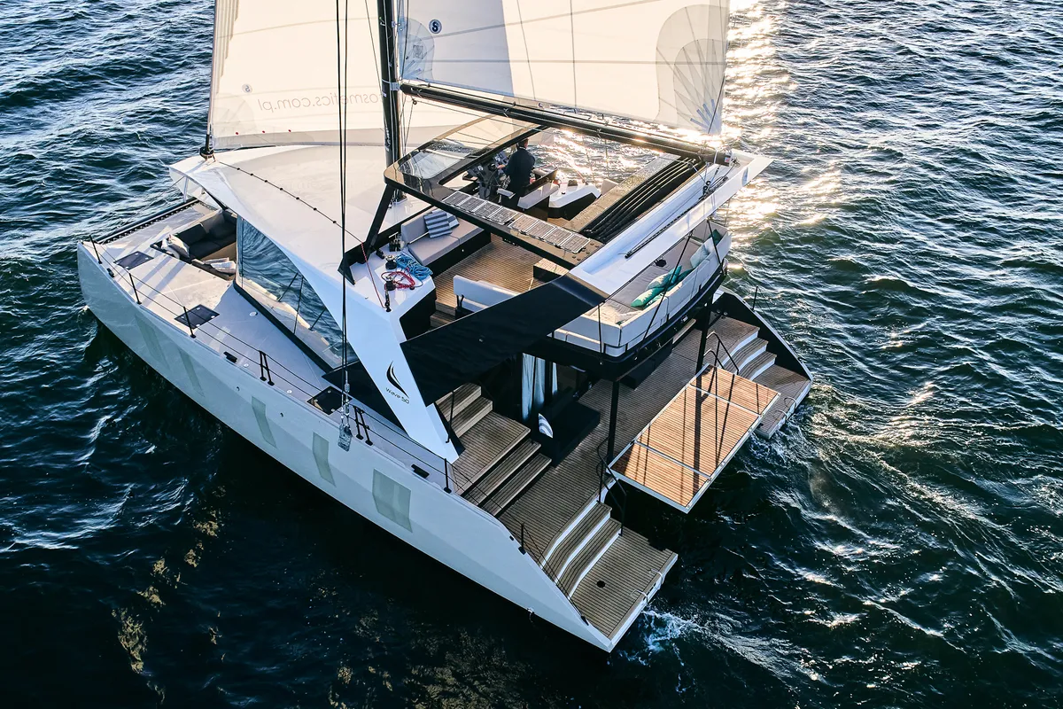 Exterior view of Wave 50, a catamaran at Olbia, Italy