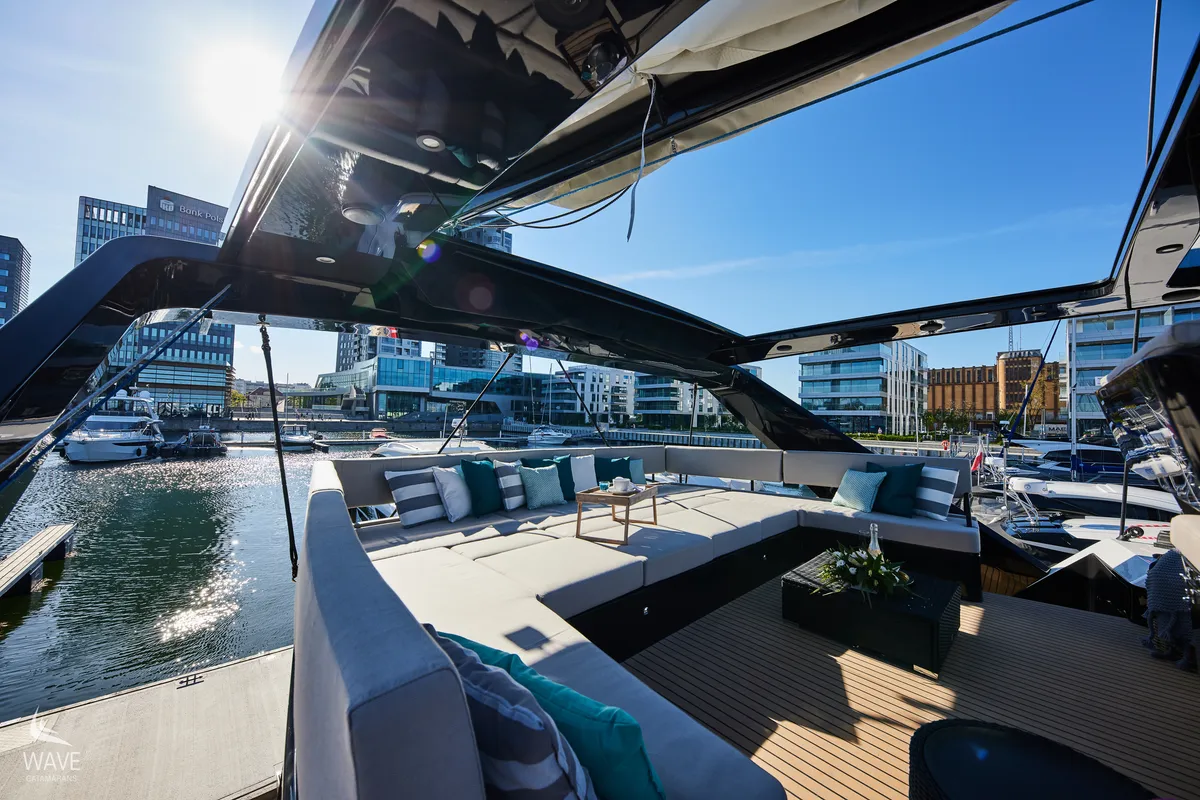 Deck of Wave 50, a catamaran at Olbia, Italy