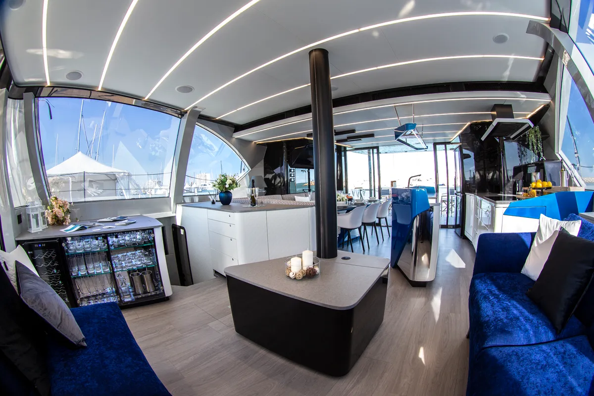 Salon of Wave 50, a catamaran at Olbia, Italy