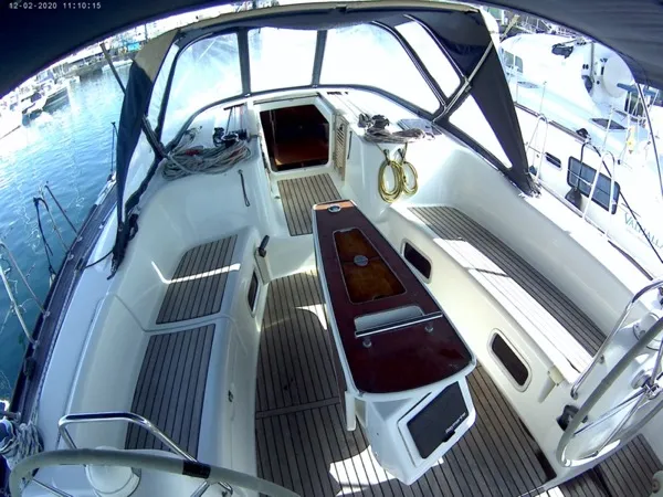 Deck of Shedir, a Beneteau Oceanis 46 sailboat at Olbia, Italy