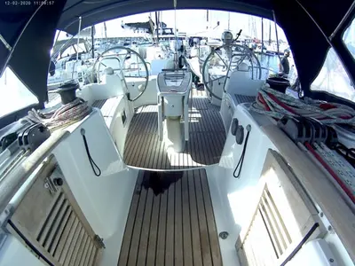 Cockpit of Shedir, a Beneteau Oceanis 46 sailboat at Olbia, Italy