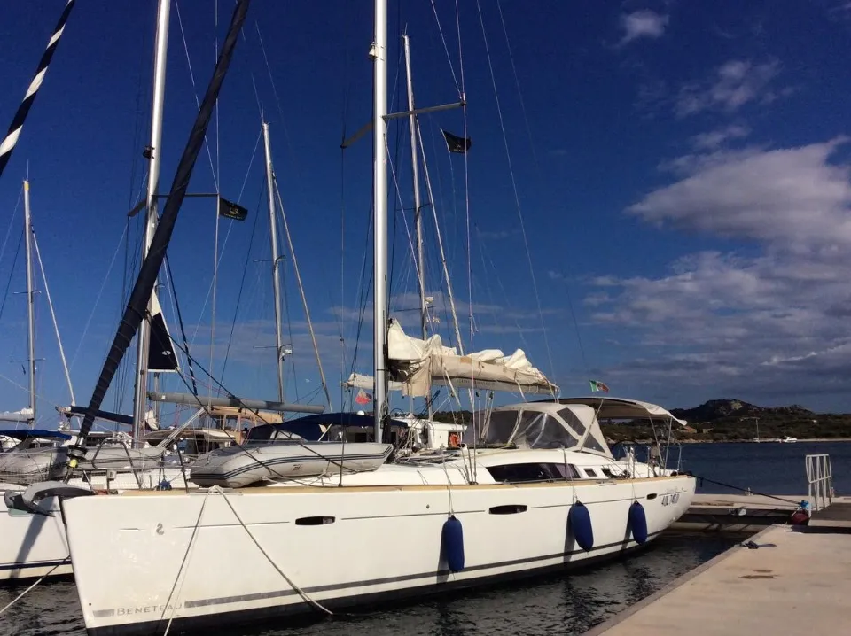 Exterior view of Shedir, a Beneteau Oceanis 46 sailboat at Olbia, Italy