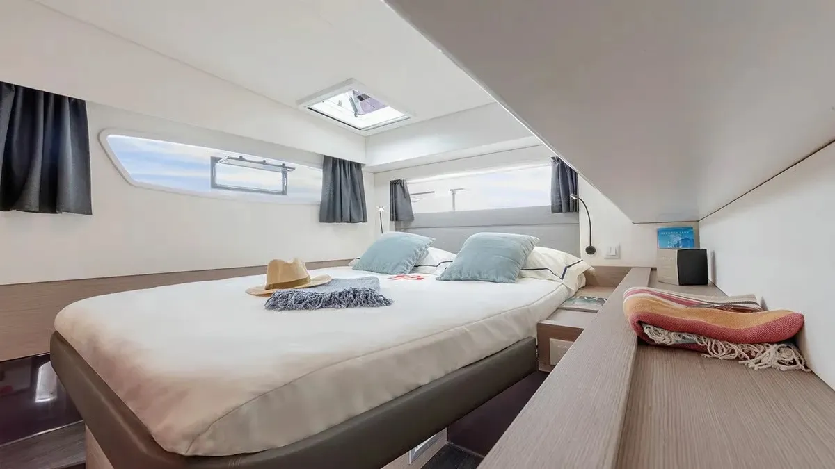 Cabin on Sankalpa, a Fountaine Pajot Elba 45 catamaran at Cogolin, France