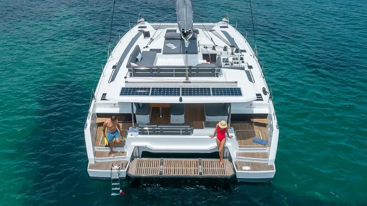 Exterior view of Sankalpa, a Fountaine Pajot Elba 45 catamaran at Cogolin, France