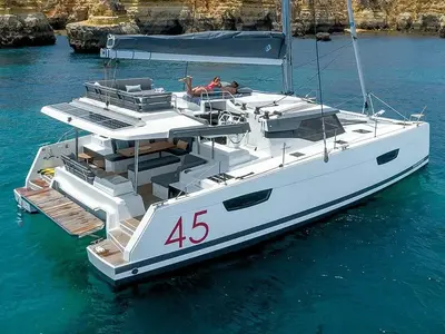 Exterior view of Sankalpa, a Fountaine Pajot Elba 45 catamaran at Cogolin, France