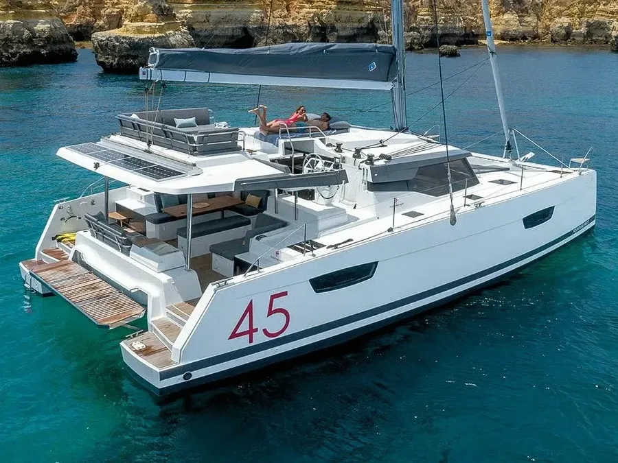 Exterior view of Sankalpa, a Fountaine Pajot Elba 45 catamaran at Cogolin, France