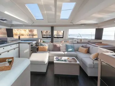 Salon of Sankalpa, a Fountaine Pajot Elba 45 catamaran at Cogolin, France