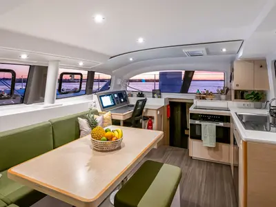 Galley of Falmari, a Outremer 45('01) catamaran at Central Abaco, Bahamas