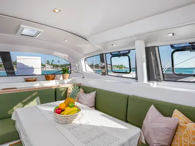 Salon of Falmari, a Outremer 45('01) catamaran at Central Abaco, Bahamas