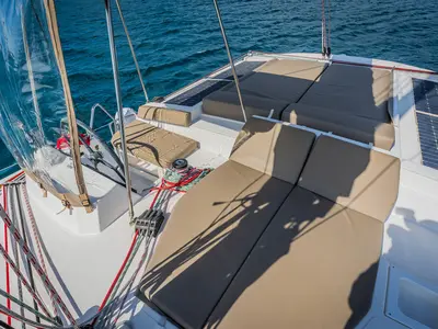 Cockpit of Kanalu, a Bali 4.1 catamaran at Kaštela, Croatia