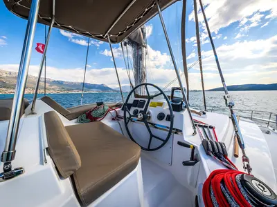 Salon of Kanalu, a Bali 4.1 catamaran at Kaštela, Croatia