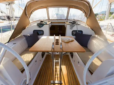 Deck of Tesa, a Elan Impression 35 sailboat at Grad Kaštela, Croatia