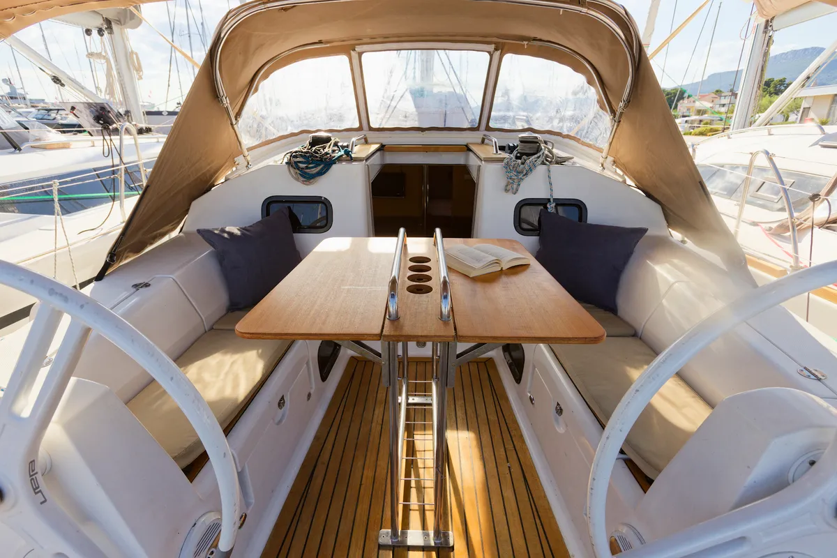 Deck of Tesa, a Elan Impression 35 sailboat at Grad Kaštela, Croatia