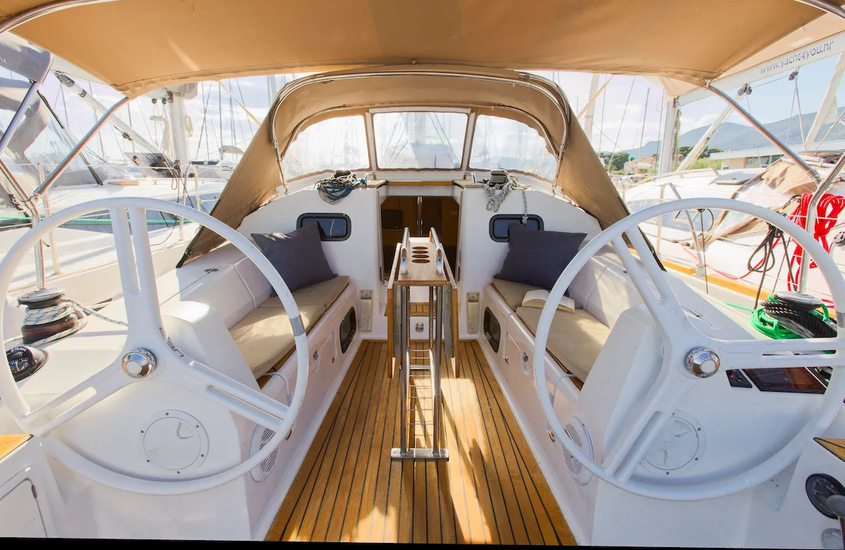 Cockpit of Tesa, a Elan Impression 35 sailboat at Kaštela, Croatia
